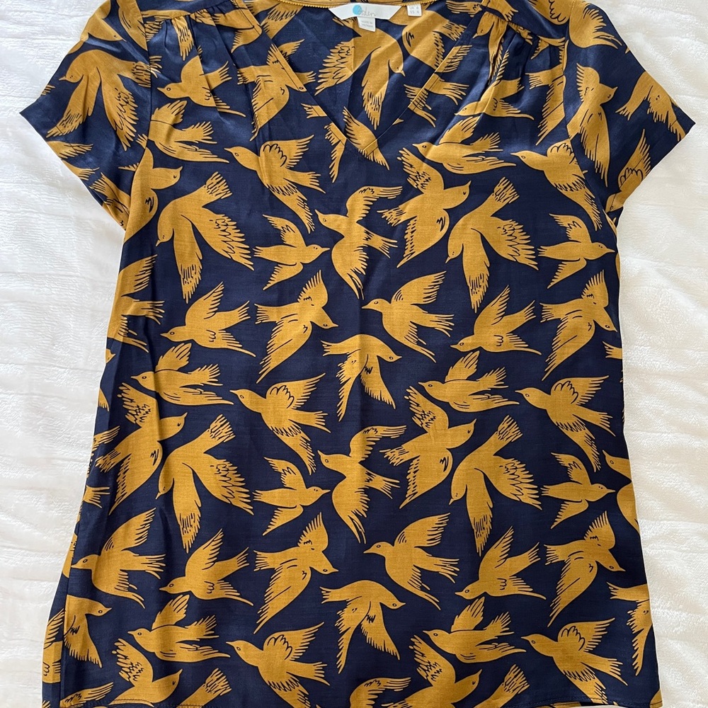 Navy and Gold Bird Print Women's Top